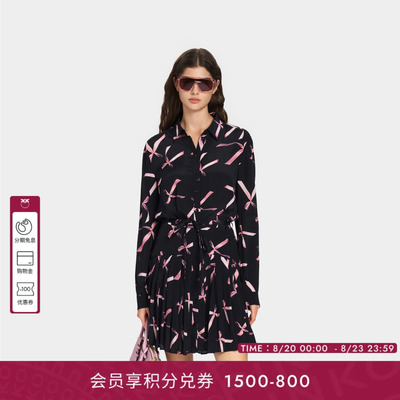 PINKO女士2026年秋季蝴蝶结印花衬衫长袖连衣裙PEAF26170606