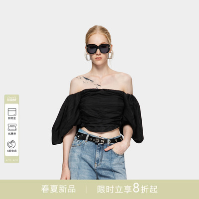 PINKO女士2026年春夏新款一字肩褶皱泡泡袖柔软短上衣PAF26125322