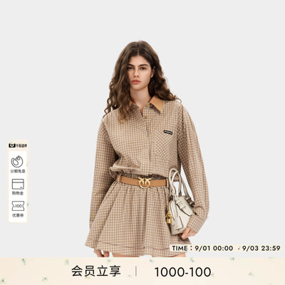 PINKO女士2026年秋季格纹撞色双层翻领连衣裙腰带收腰长袖衬衫裙