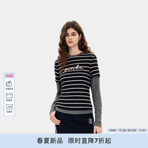 PINKO女士2026年秋季新款蓝灰修身条纹假两件长袖上衣PAF26121812