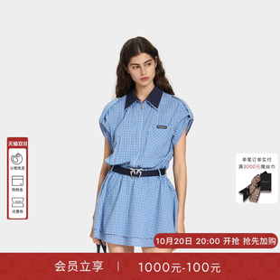 PINKO女士2026年夏季新款翻领格纹衬衫工装连衣裙