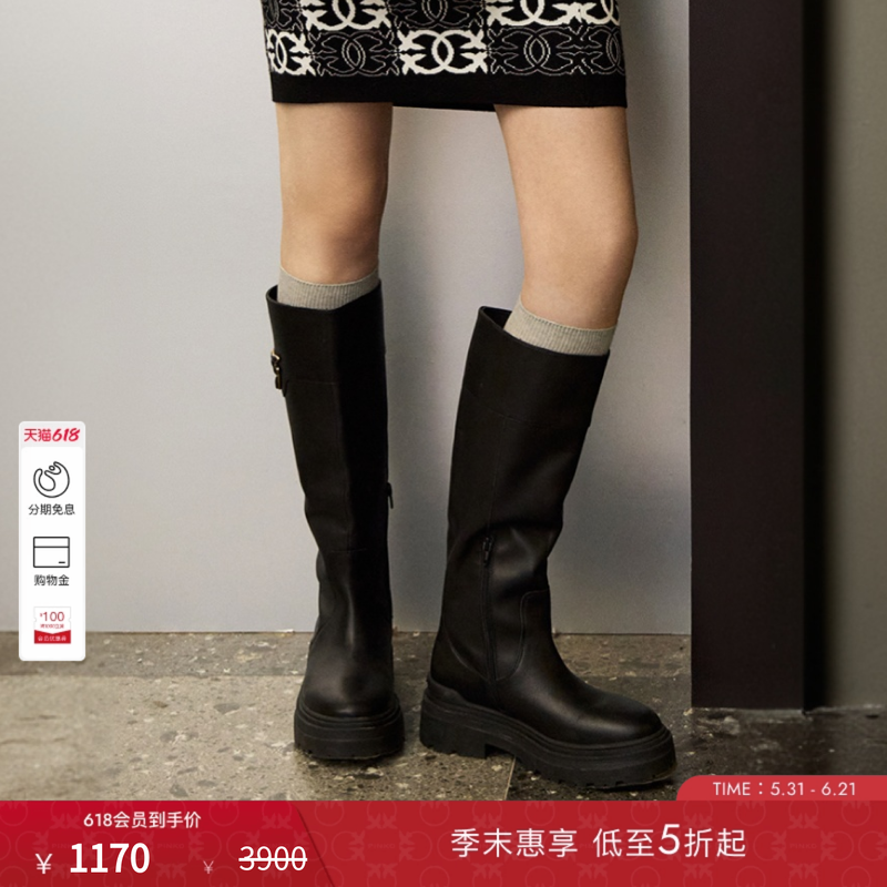 PINKO女士简约款时尚通勤气质飞鸟标黑色长靴高筒靴SD0151P001Z
