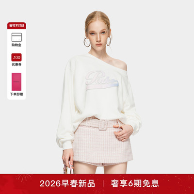 PINKO女士2026春季新款奶白流光露肩字母慵懒卫衣PAF26125208