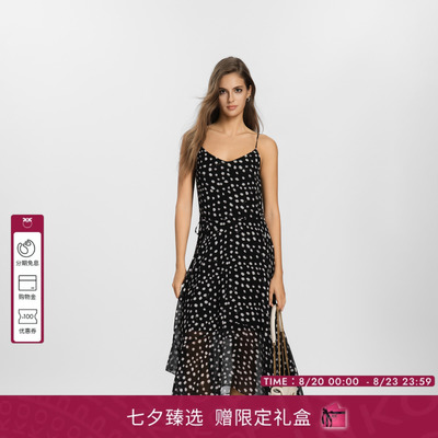 PINKO女士2026年夏季新款黑色波点吊带V领收腰连衣裙PEAF26170917