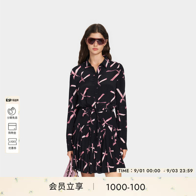 PINKO女士2026年秋季蝴蝶结印花衬衫长袖系带收腰连衣裙
