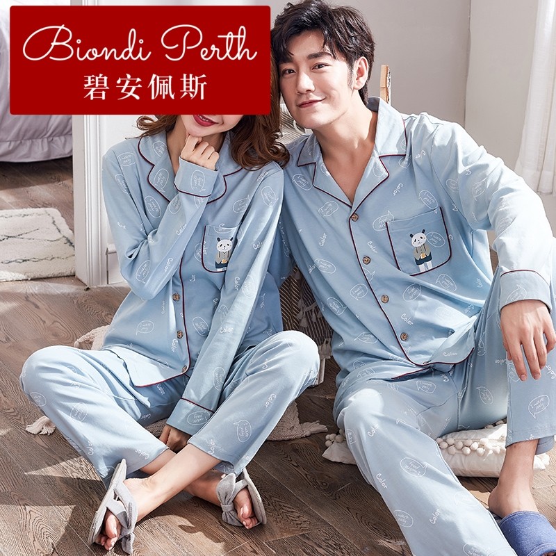 碧安佩斯春秋季休闲情侣睡衣女长袖棉开衫套装雪莉男士歌瑞尔大
