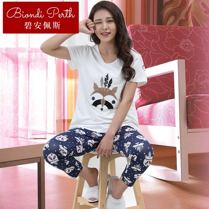 碧安佩斯夏季超柔软竹纤维棉短袖女士睡衣胖mm棉女式家居服大码