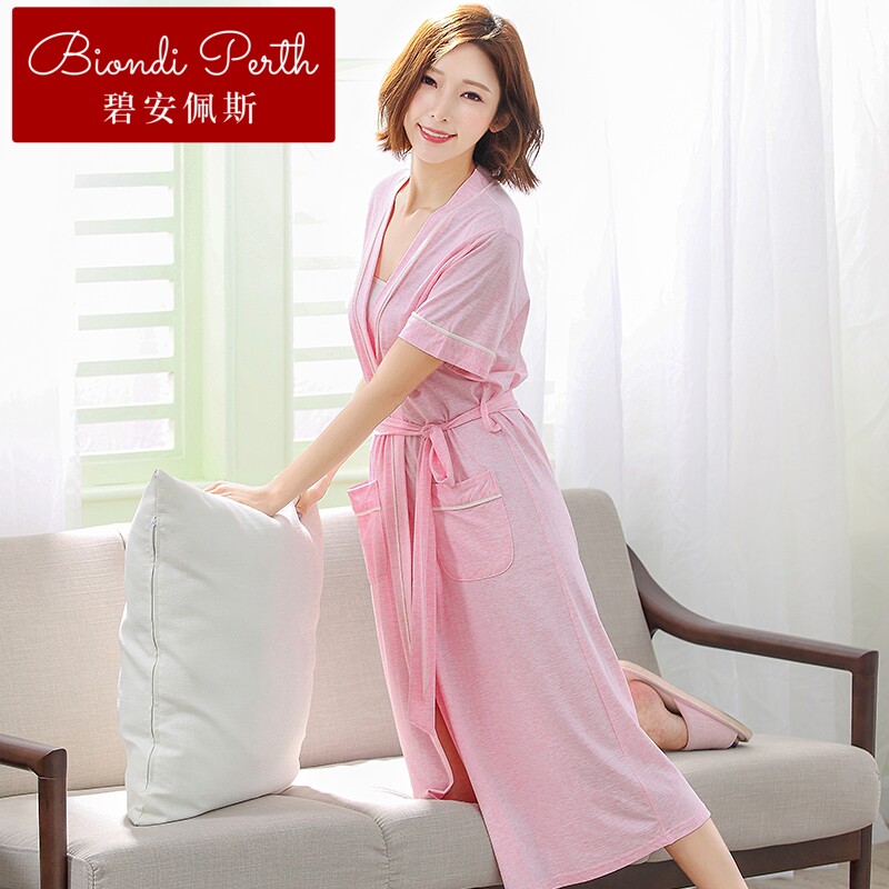 碧安佩斯睡袍女夏性感薄款竹节纤维棉质宽松大码浴衣长款女式浴袍