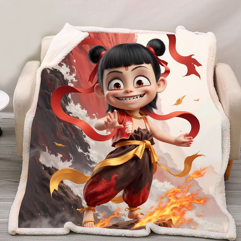 哪吒周边卡通可爱加厚羊羔绒毛毯学生春秋午睡盖毯子送小孩礼物