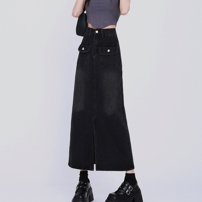 中长款牛仔半身裙长裙高腰气质a字开叉包臀显瘦深蓝裙子女夏天ins
