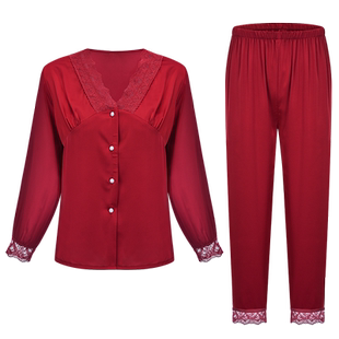 睡衣女士春秋新款冰丝长袖家居服丝绸春夏天红色本命年新结婚套装