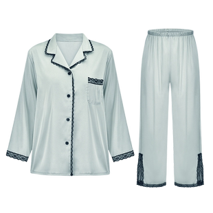 睡衣女春秋季性感V领冰丝家居服复古风女带胸垫睡裙袍三件套装夏