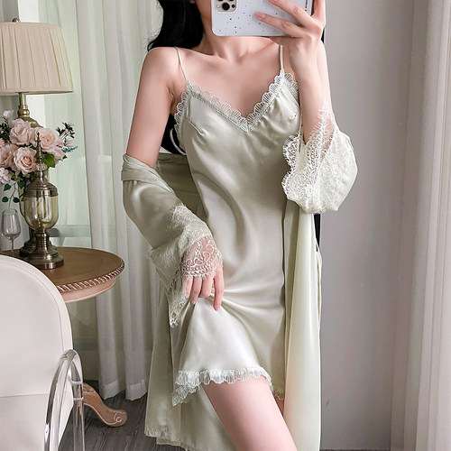 2026新款纯欲风冰丝睡衣女带胸垫两件套夏高级感纯欲蕾丝吊带睡袍