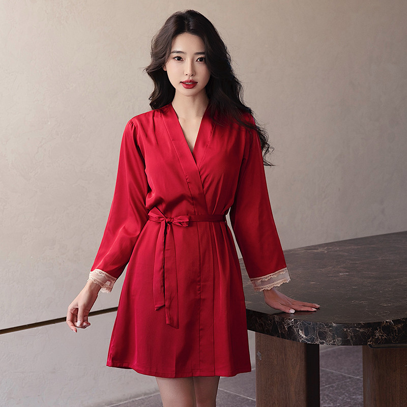 结婚晨袍新娘红色睡衣女薄冰丝化妆袍高级感出片单件睡袍四季通用图片