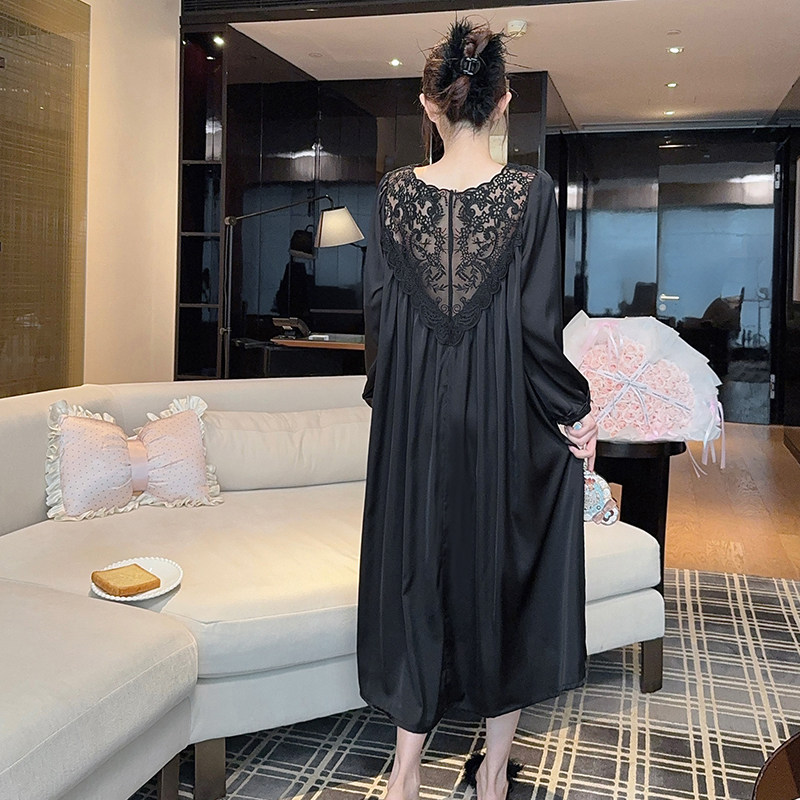 加长款睡裙带胸垫蕾丝美背睡衣女冰丝绸大码连衣裙黑色显瘦长袖裙图片