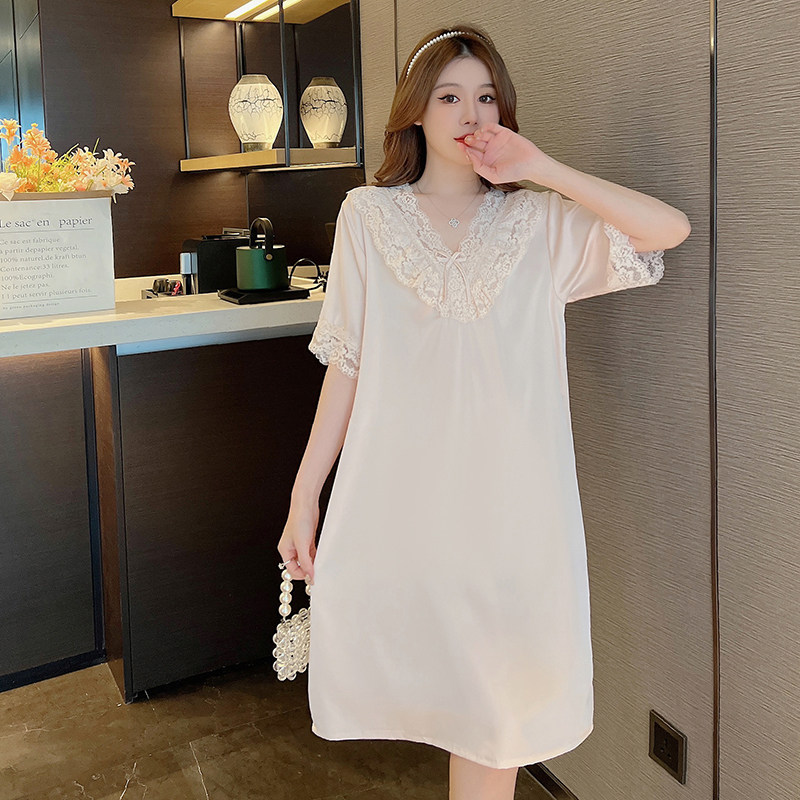 性感睡衣女新款夏薄冰丝公主风短袖纯欲V领蕾丝大码宽松裙居家服