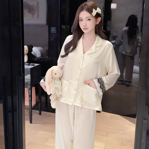 2026新款春秋季睡衣女款高级感轻奢风长袖套装纯欲蕾丝家居服丝绸