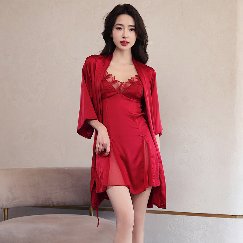 新款吊带睡裙两件套夏薄款冰丝春秋款睡衣女性感蕾丝居家服带胸垫