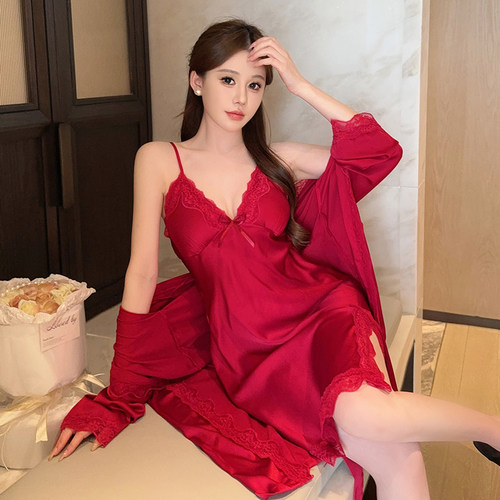 薄款冰丝绸春夏纯欲红色结婚晨袍