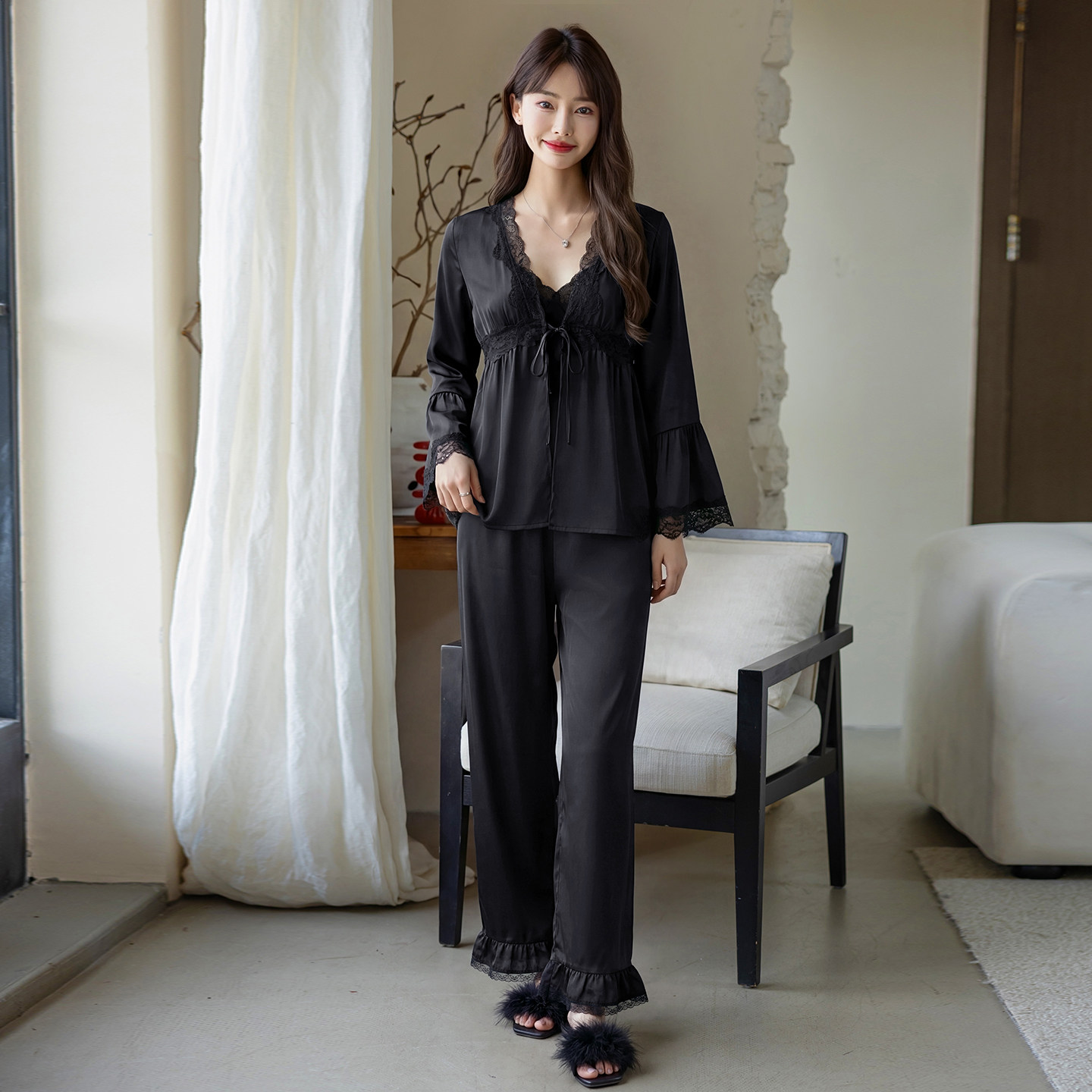 法式睡衣女蕾丝吊带胸垫长裤睡袍三件套装冰丝黑色性感家居服春秋