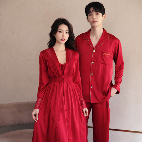 情侣结婚睡衣长袖新婚家居服冰丝
