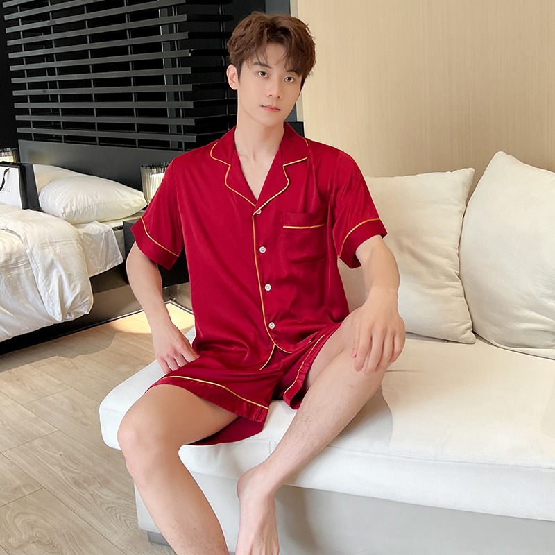 男士睡衣夏季2025新款冰丝短袖短裤套装薄款红色本命年家居服青年