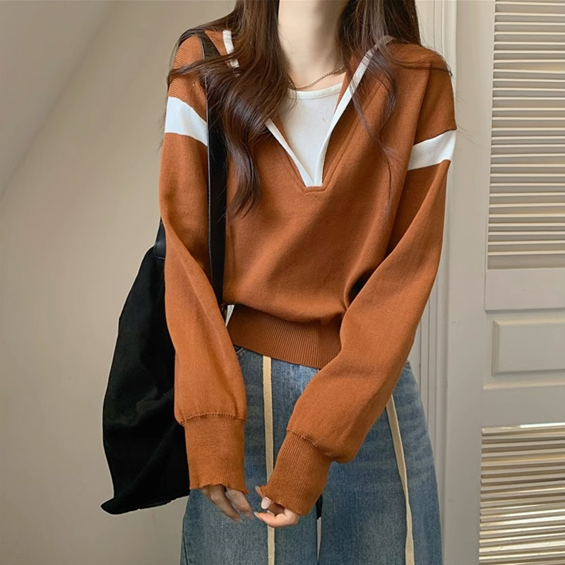 假两件连帽撞色针织衫卫衣女初秋
