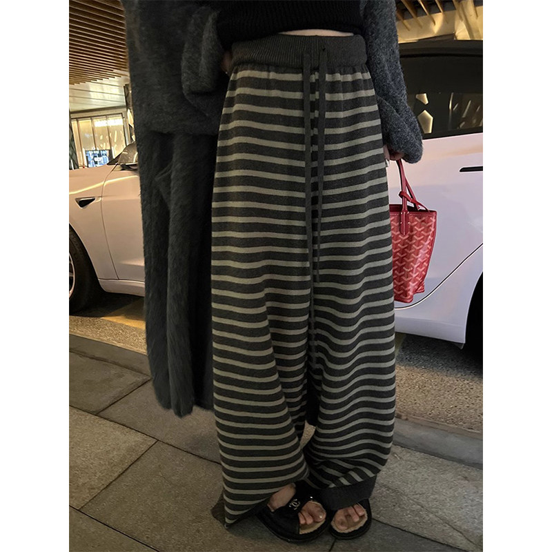 条纹休闲针织裤子女秋冬加厚高腰阔腿裤宽松慵懒松弛感显瘦拖地裤,女装/女士精品,卫裤,淘宝优惠券,粉丝福利购,淘宝优惠卷