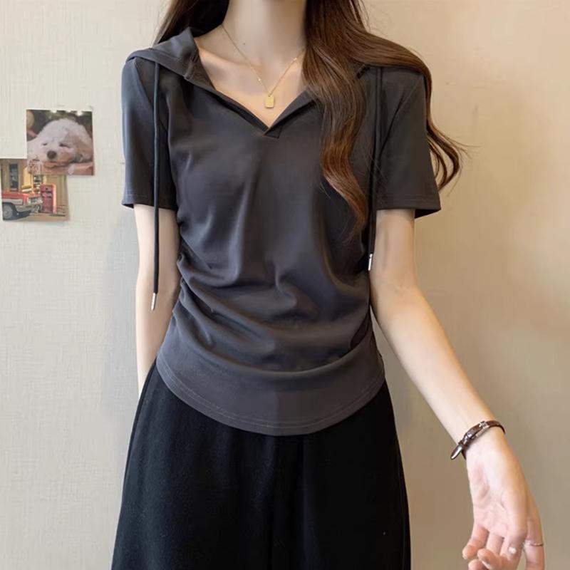 设计感抽绳连帽正肩短袖t恤女夏