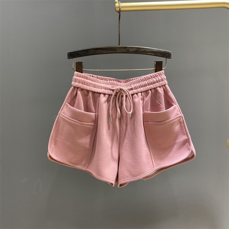 粉色松紧腰休闲运动短裤女2023年夏季新款宽松显瘦a字阔腿裤热裤