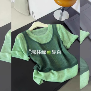 2025夏季 t恤女洋气减龄小众气质洋气上衣 新款 绿色圆领假两件短袖