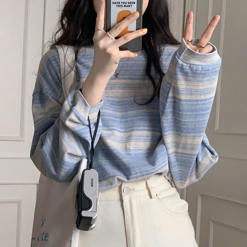 复古风条纹韩风chic学生长袖t恤