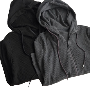 深灰色双拉链秋装帽衫外套女春秋宽松慵懒风显瘦短款开衫连帽卫衣