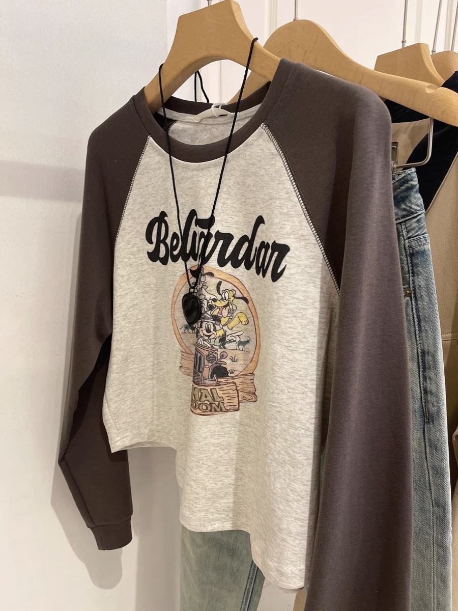 美式复古印花撞色插肩袖长袖T恤