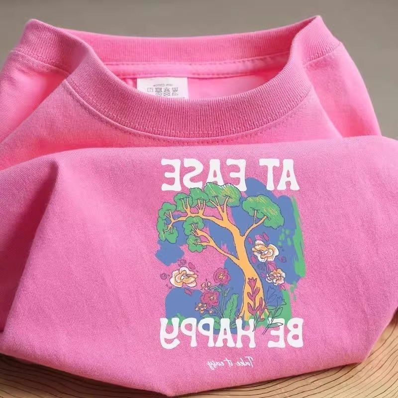 粉红色重磅圆领印花短袖t恤女