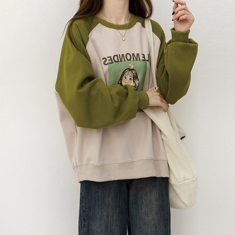 设计感小众卡通印花拼色卫衣女秋季百搭学生宽松chic圆领套头上衣