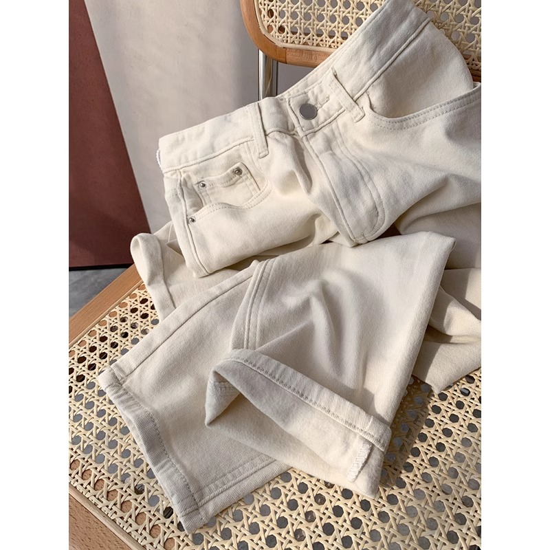 米白色牛仔裤女直筒高腰弹性显瘦