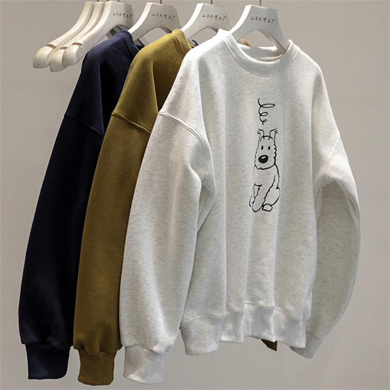 加绒可爱呆萌狗狗印花套头卫衣女