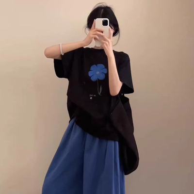 美式复古纯棉正肩短袖t恤女夏季