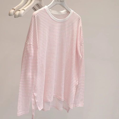 韩系薄款条纹冰丝宽松长袖T恤