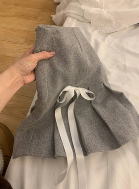 芭蕾风百褶裙半身裙女秋冬蝴蝶结半裙小个子高腰a字裙子毛呢短裙