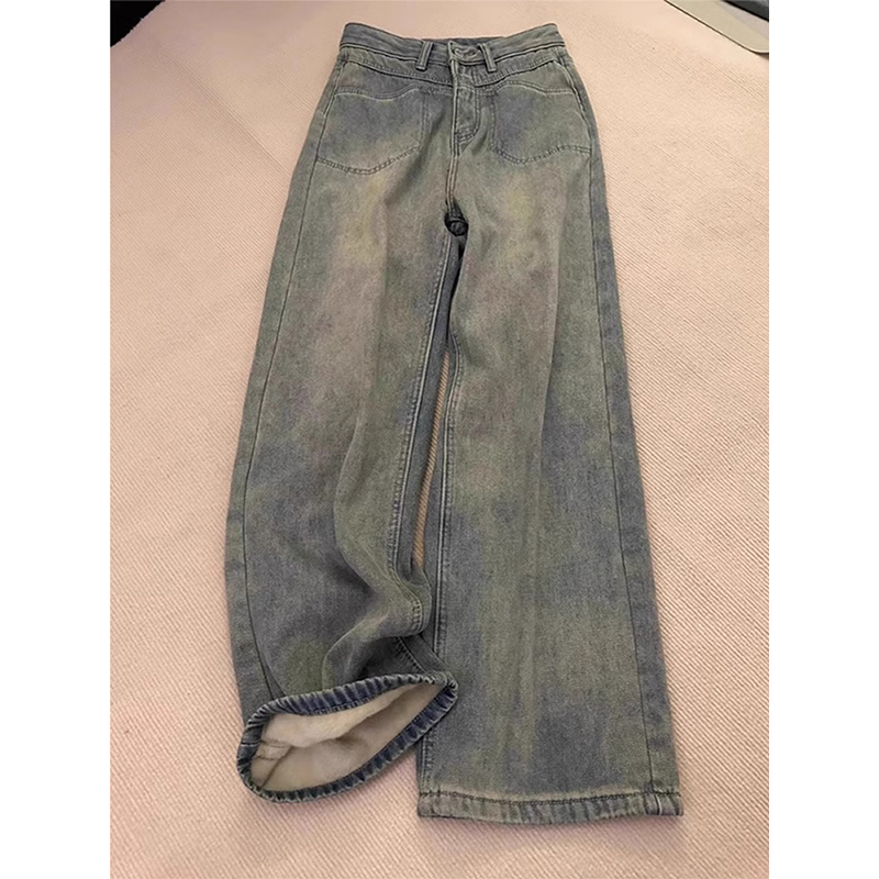 复古蓝色加绒加厚直筒牛仔裤女冬