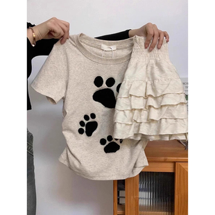 别致纯棉上衣 设计感小众猫爪刺绣短袖 T恤女正肩夏季 掐腰短款 修身