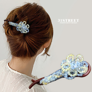 31街轻奢水晶花朵发夹高级感盘发扭夹手工串珠发饰甜美气质头饰女