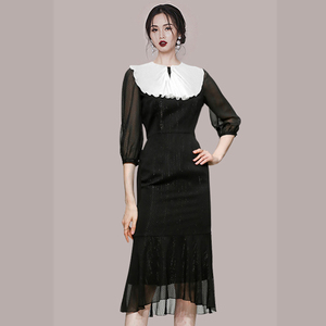 RM9922#夏季气质甜美新款雪纺圆领鱼尾连衣裙女