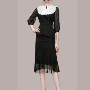 RM9922#夏季气质甜美新款雪纺圆领鱼尾连衣裙女