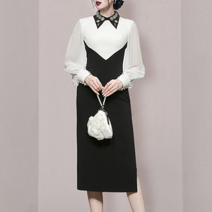 RM9639#新款时尚灯笼袖气质优雅撞色拼接修身连衣裙