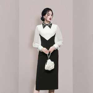RM9639#新款时尚灯笼袖气质优雅撞色拼接修身连衣裙