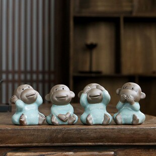 哥窑茶宠四不小猴子陶瓷招财茶道可爱不说不看茶玩装饰桌面小摆件