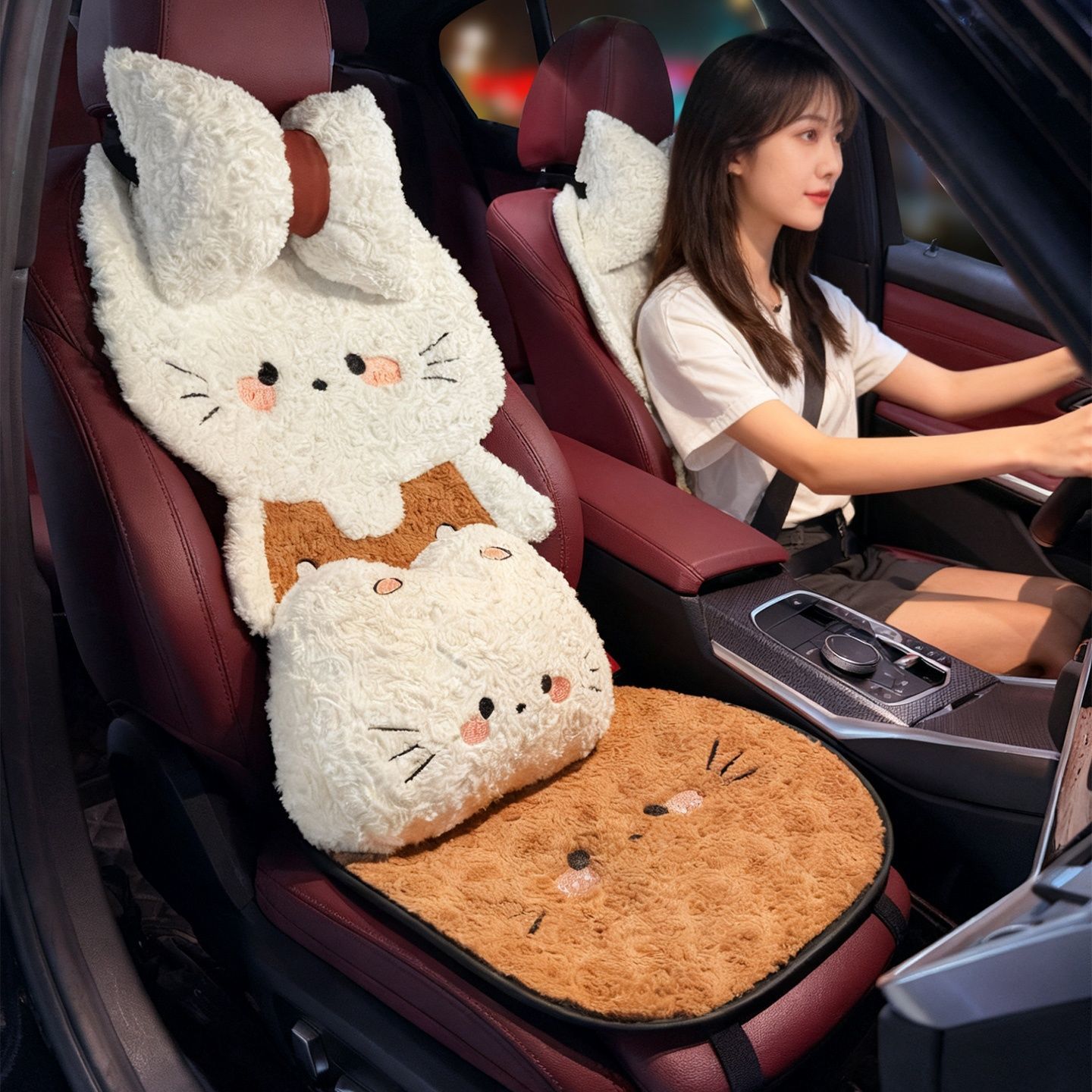 汽车坐垫冬季短毛绒可爱卡通萌猫座垫冬天保暖加厚车内女士座椅套